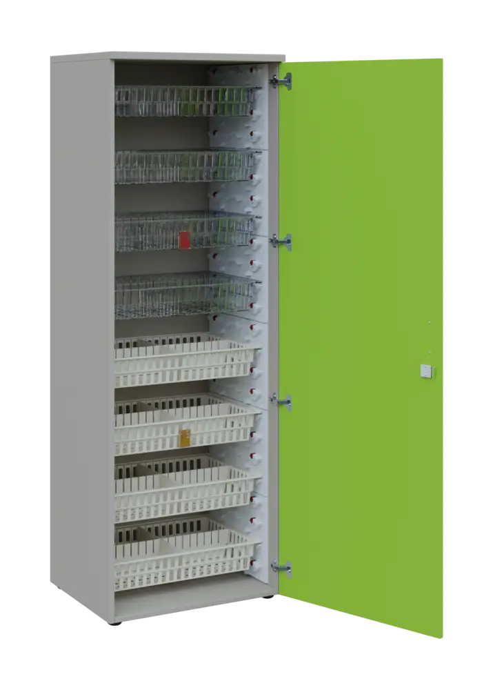 EUROMEDICA D - 66/M skříň léková boxová, 1-dveřová, pravá, 1950x660x535, korpus šedý, dvířka jarní zeleň